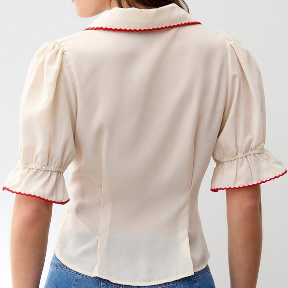 Scalloped red trim puff sleeve blouse - Picture 2 of 3